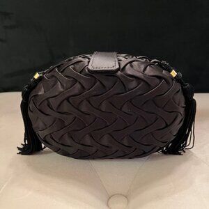 La Regale LTD Ruched Black Satin Double Tassel Gold Hardware Evening Crossbody